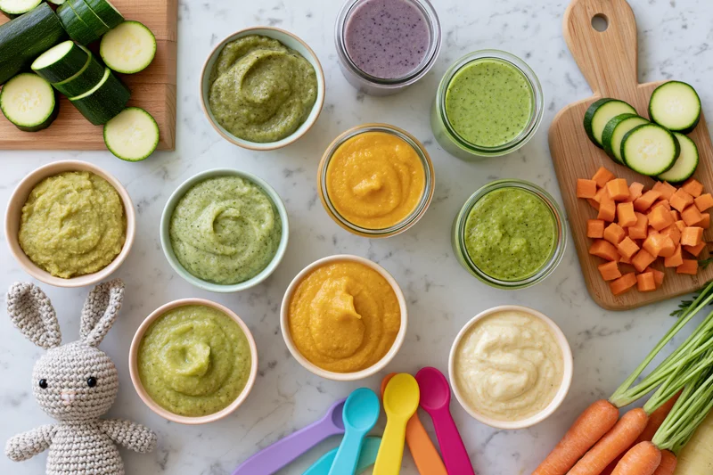 Baby food purees in bowls and jars with chopped vegetables and baby spoon on marble countertop