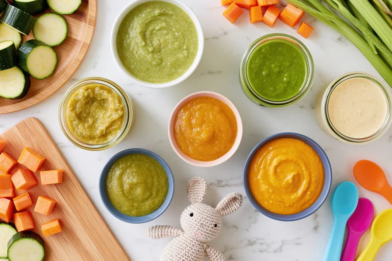 Baby food purees in bowls and jars with chopped vegetables and a knitted rabbit on a marble countertop