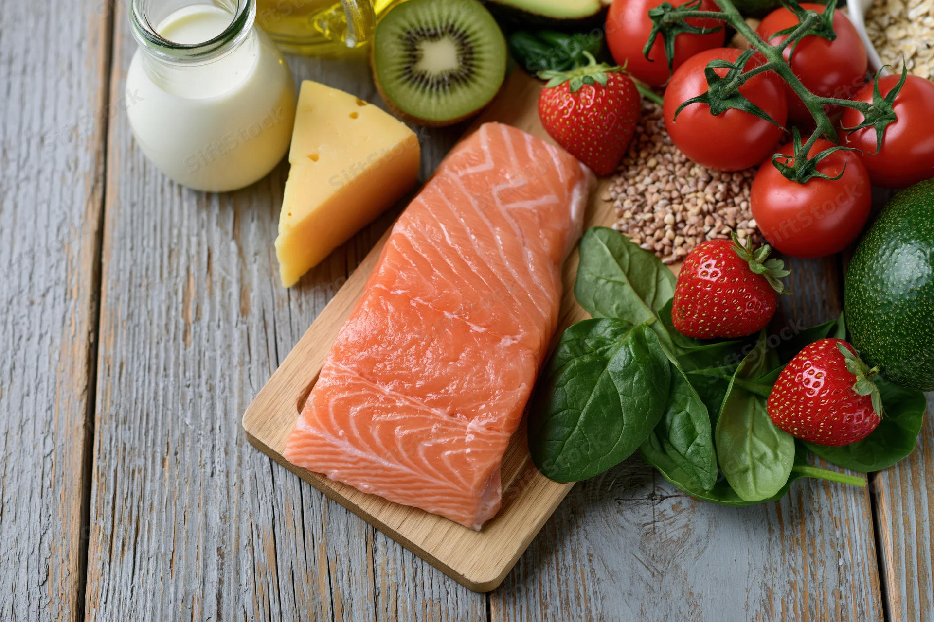 Salmon fillet with dairy, fruits, vegetables and grains arranged on a wooden board for balanced diet display