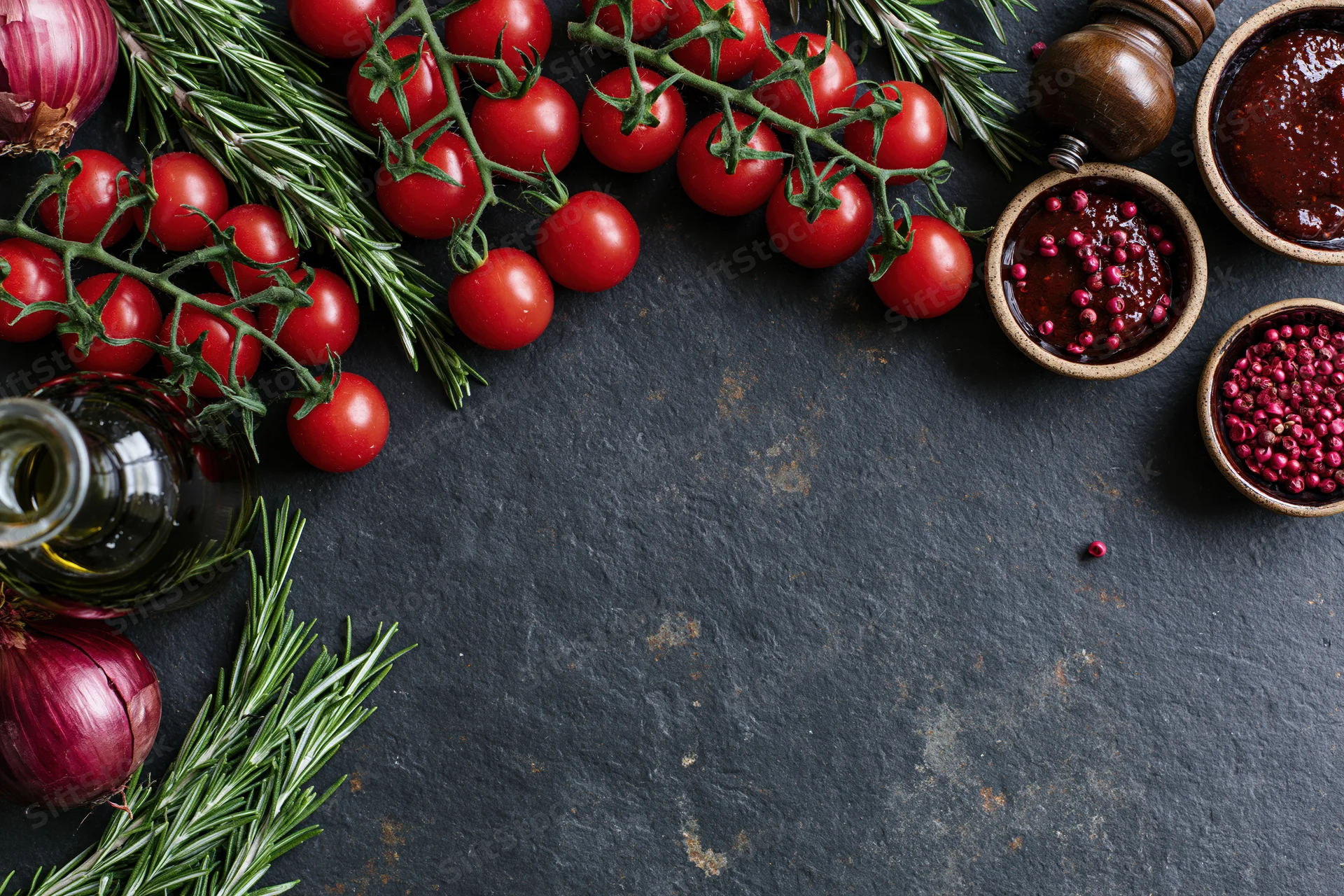 Cherry tomatoes on the vine with rosemary, red onion, olive oil and spices arranged on a dark slate surface