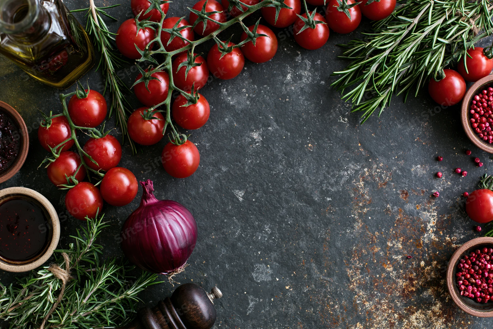 Cherry tomatoes on the vine with rosemary, red onion, olive oil and peppercorns arranged on a dark stone countertop in a flat lay composition