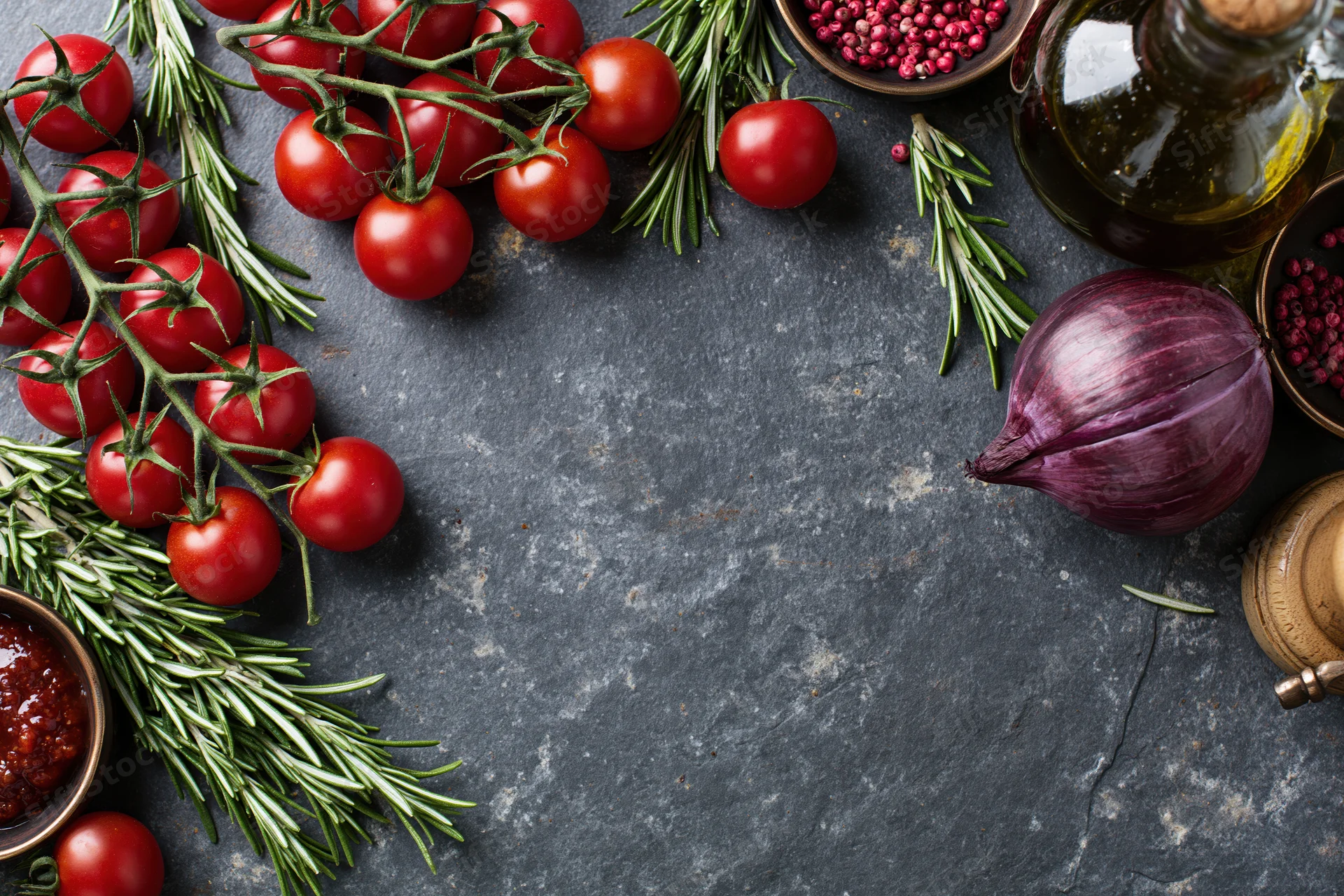 Cherry tomatoes on the vine with rosemary, red onion, olive oil and peppercorns arranged on slate surface