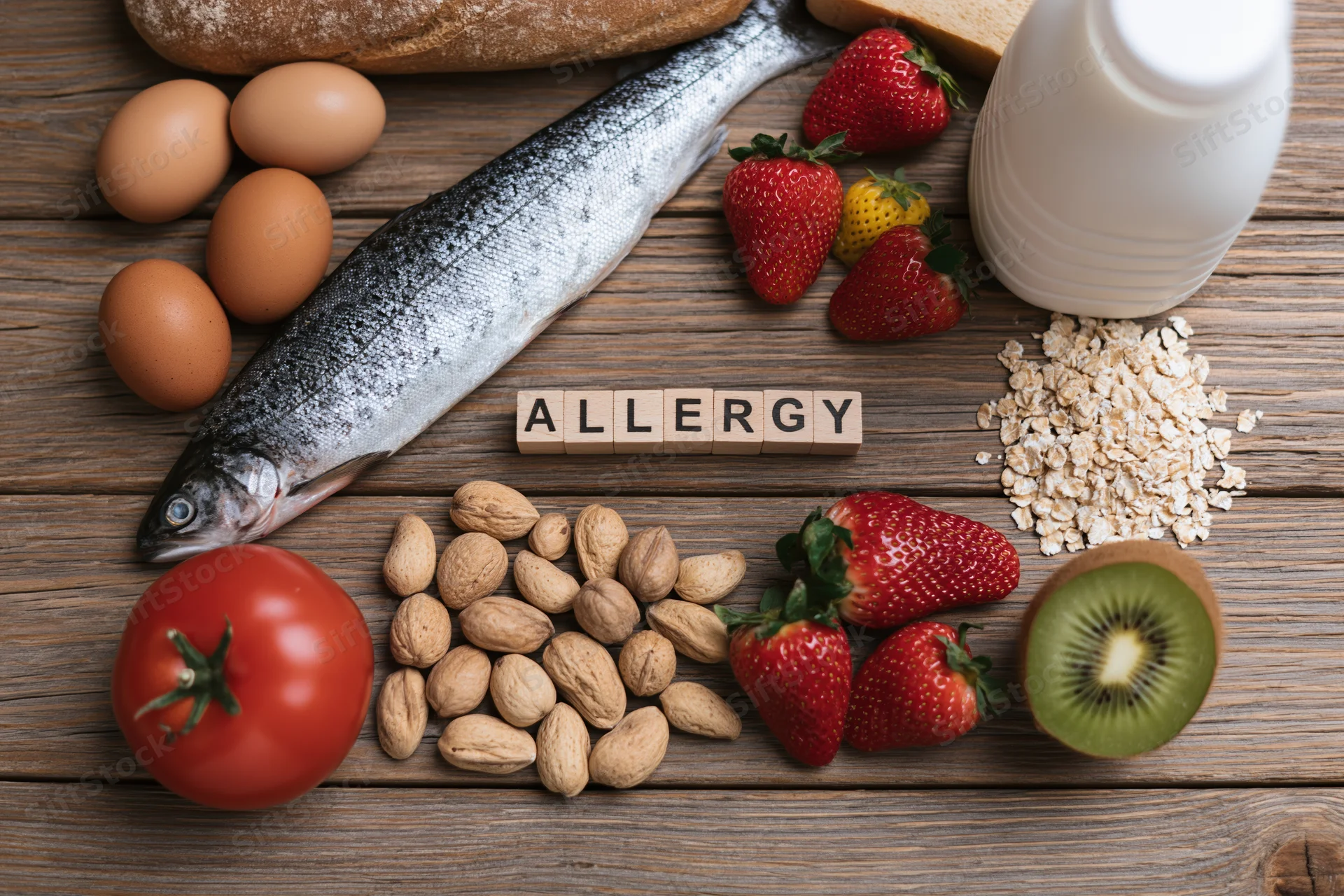 Common food allergens arranged on a rustic wooden table with wooden blocks spelling allergy