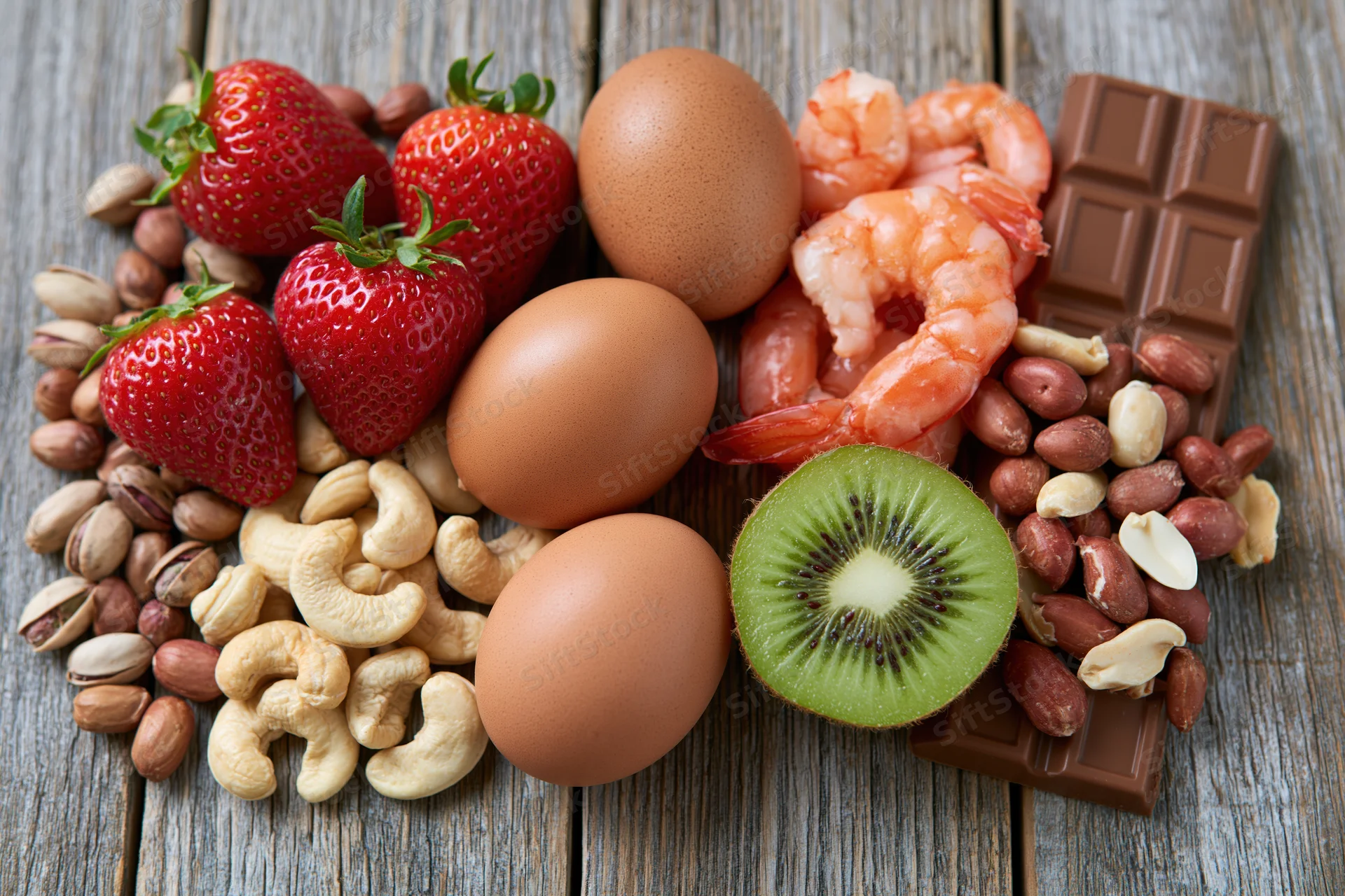 Common food allergens arranged in a flat lay on a weathered wooden surface