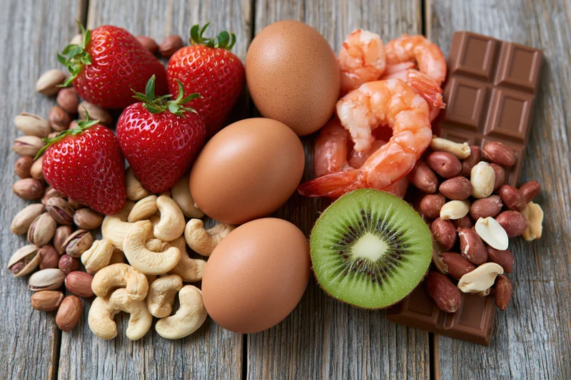 Common food allergens arranged in a flat lay on a weathered wooden surface