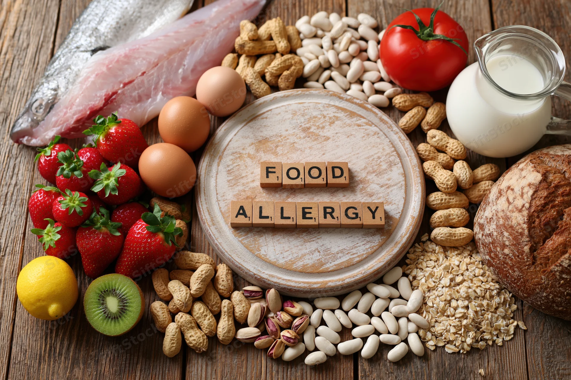 Common food allergens arranged on a wooden table with wooden blocks spelling food allergy in the center