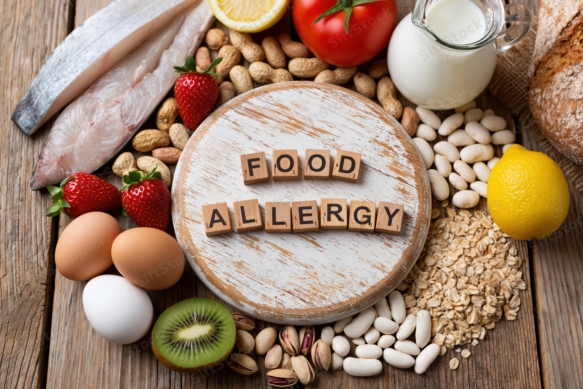 Common food allergens arranged on a wooden table with wooden blocks spelling food allergy
