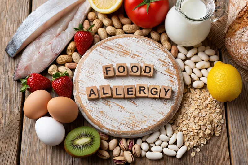 Common food allergens arranged on a wooden table with wooden blocks spelling food allergy
