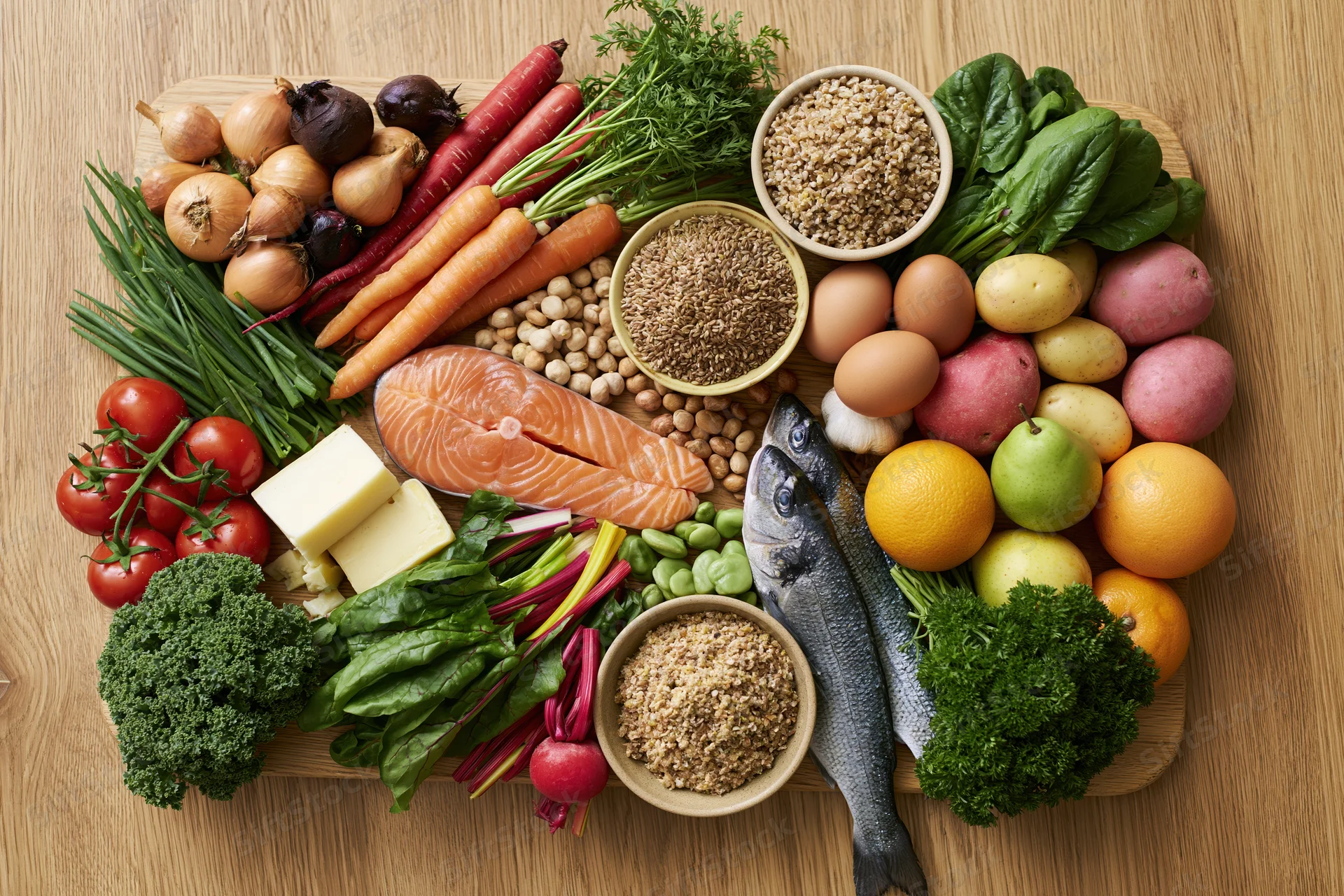 Diverse whole foods arranged in a loose square on a wooden board