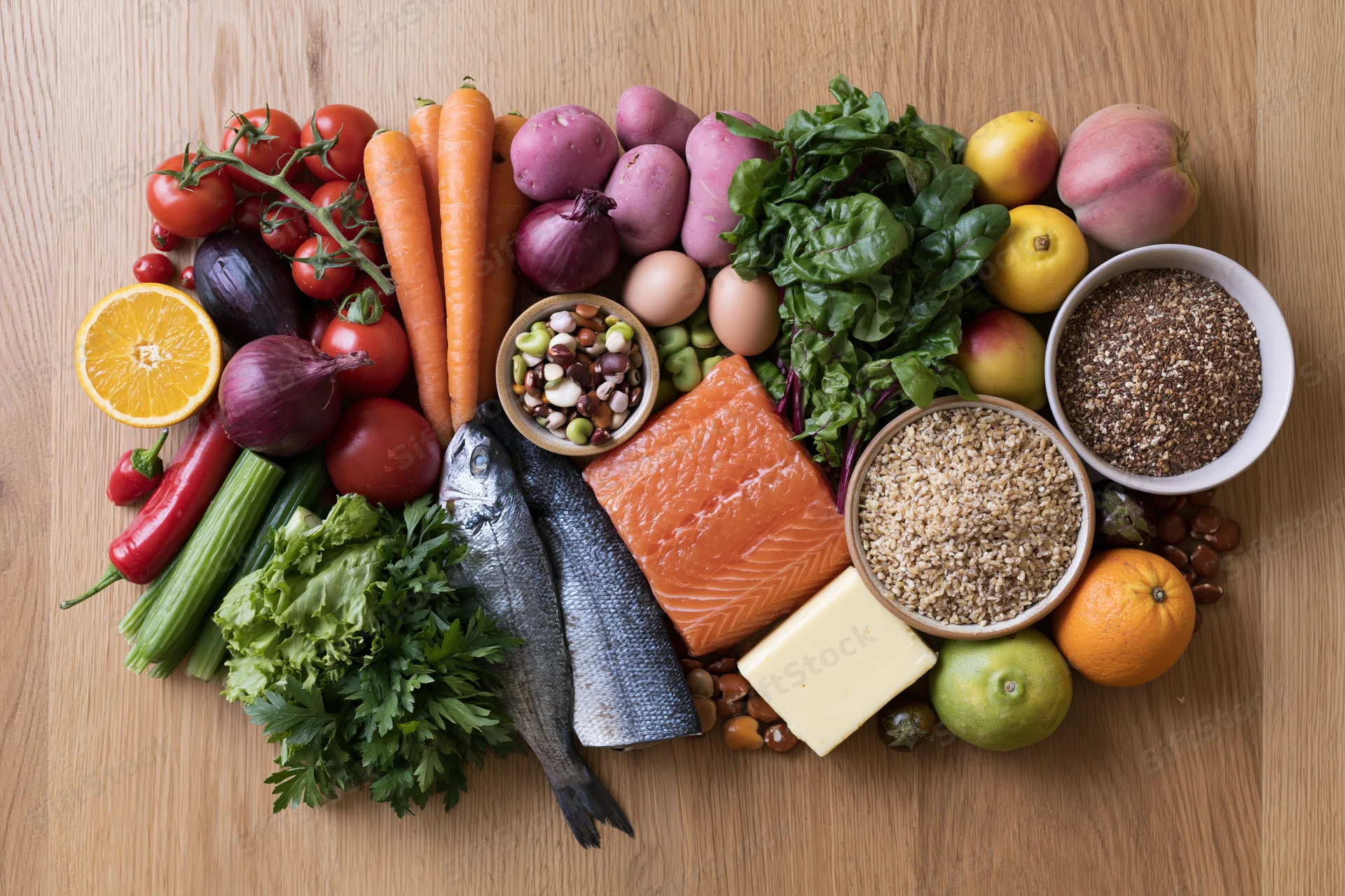Diverse whole foods arranged in a loose square on wooden surface