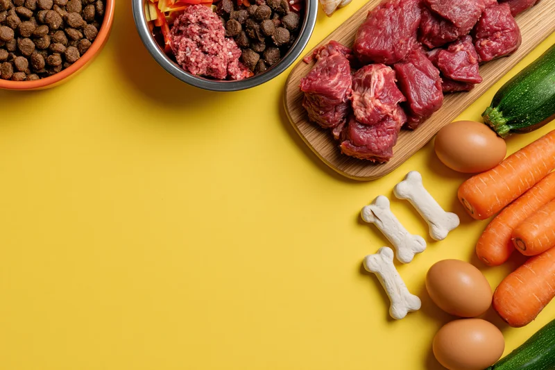 Dog food ingredients arranged on yellow surface with copyspace on left