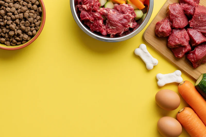 Dog food ingredients arranged along the right side of a yellow surface with copyspace
