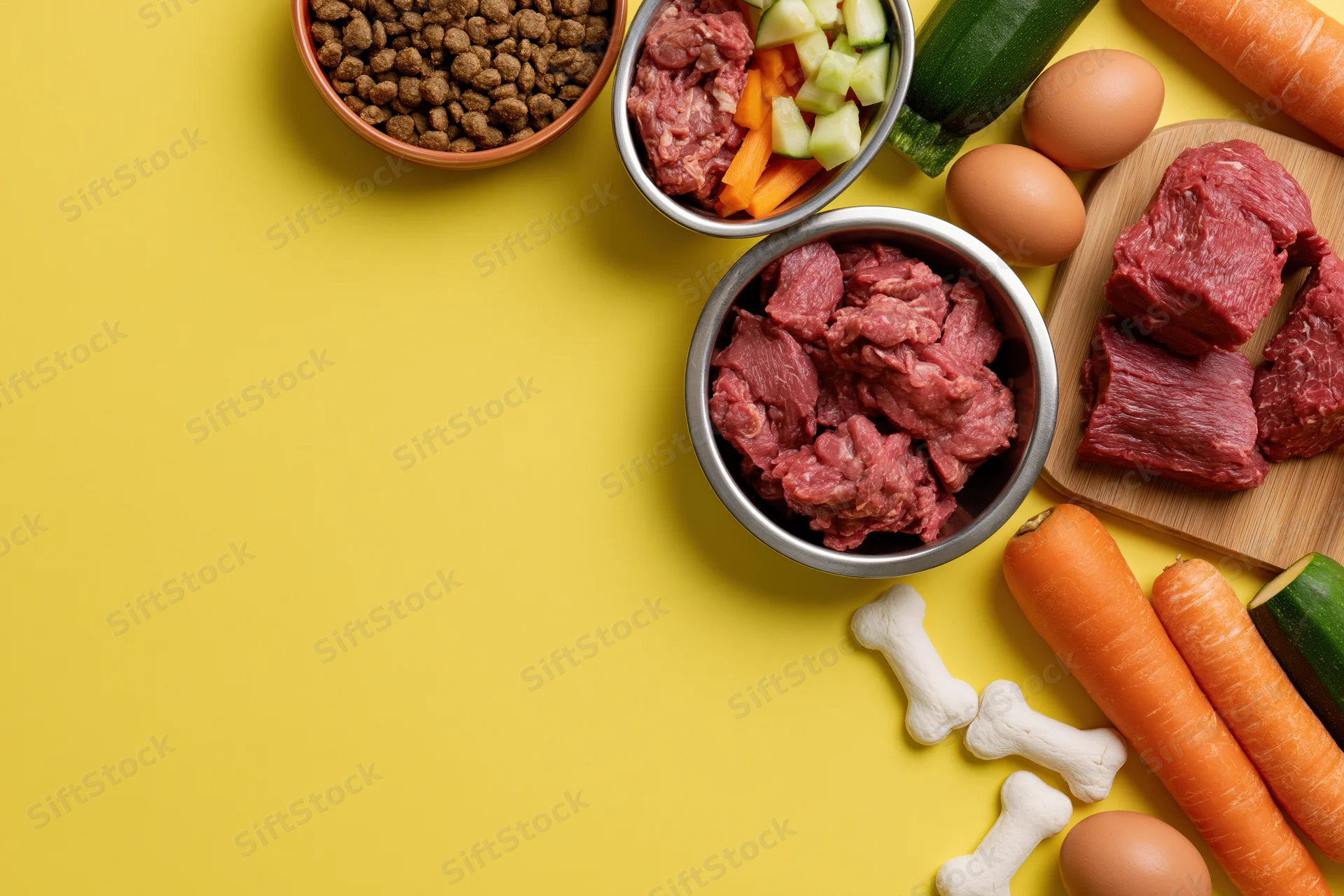 Dog food ingredients arranged on yellow surface with copyspace on left