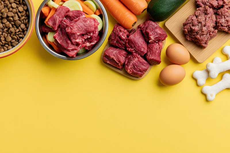 Dog food ingredients arranged on yellow surface with copyspace
