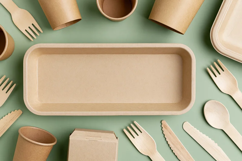 Flat lay of eco-friendly disposable tableware including paper cups, wooden cutlery, and trays on a green background