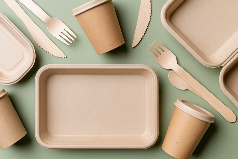 Flat lay of eco-friendly disposable tableware including paper cups, trays, and wooden utensils on a green background