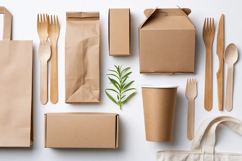 Flat lay of eco-friendly food packaging and wooden utensils arranged on white background