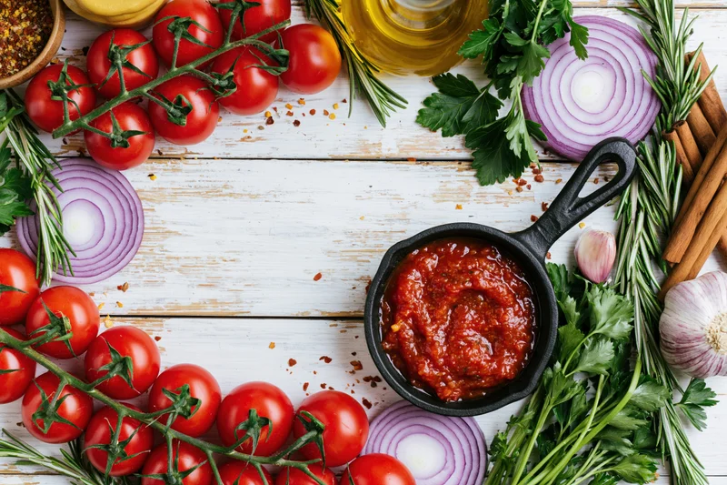 Fresh cooking ingredients arranged in a border frame on a white wooden surface with tomato sauce in a cast iron skillet at center