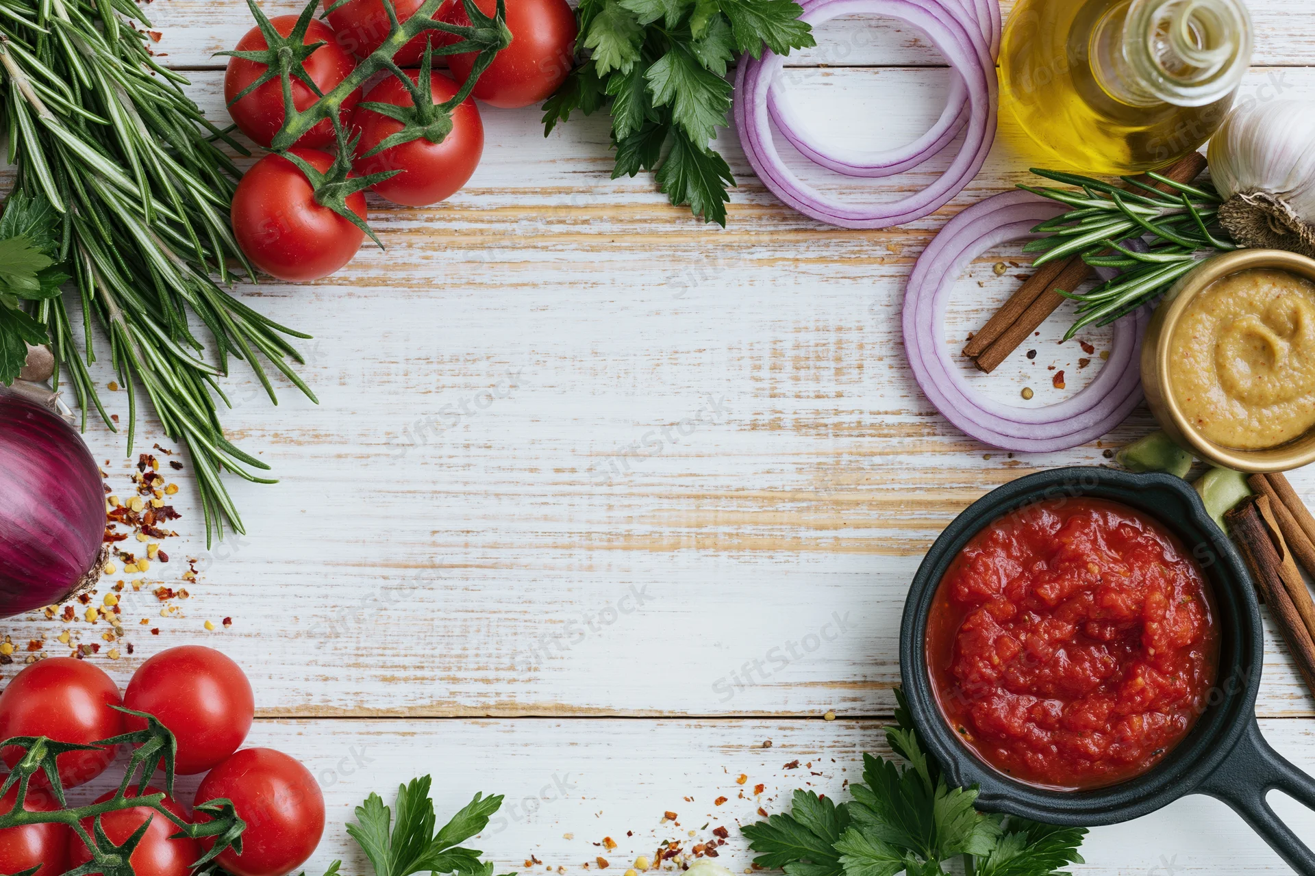 Fresh cooking ingredients arranged in a border frame on a white wooden surface with copyspace in center