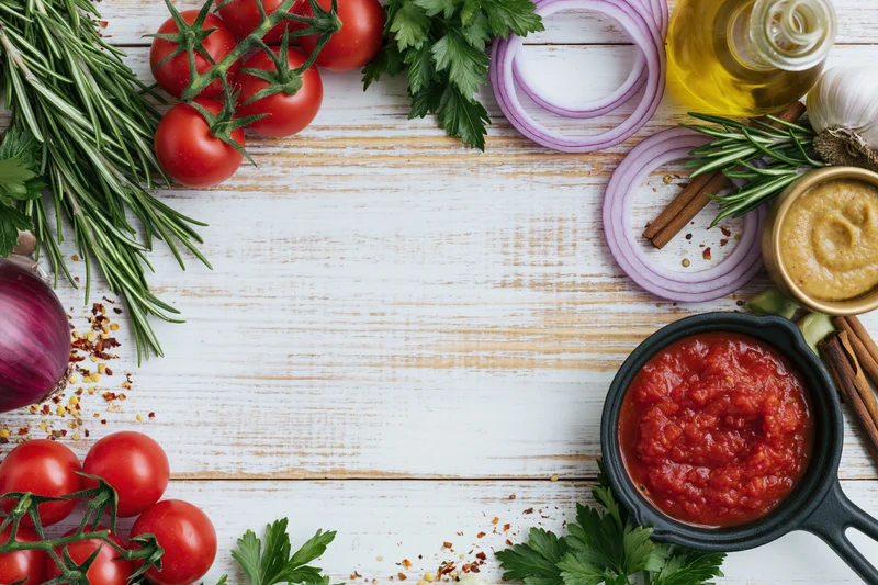Fresh cooking ingredients arranged in a border frame on a white wooden surface with copyspace in center