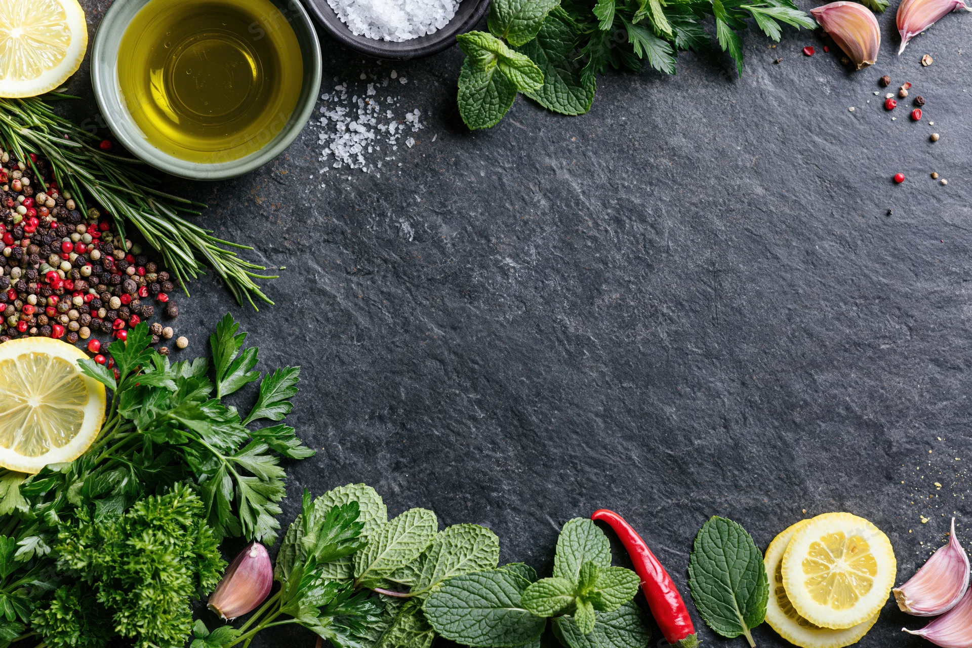 Fresh herbs and spices arranged along the edges of a dark slate surface with copyspace in center