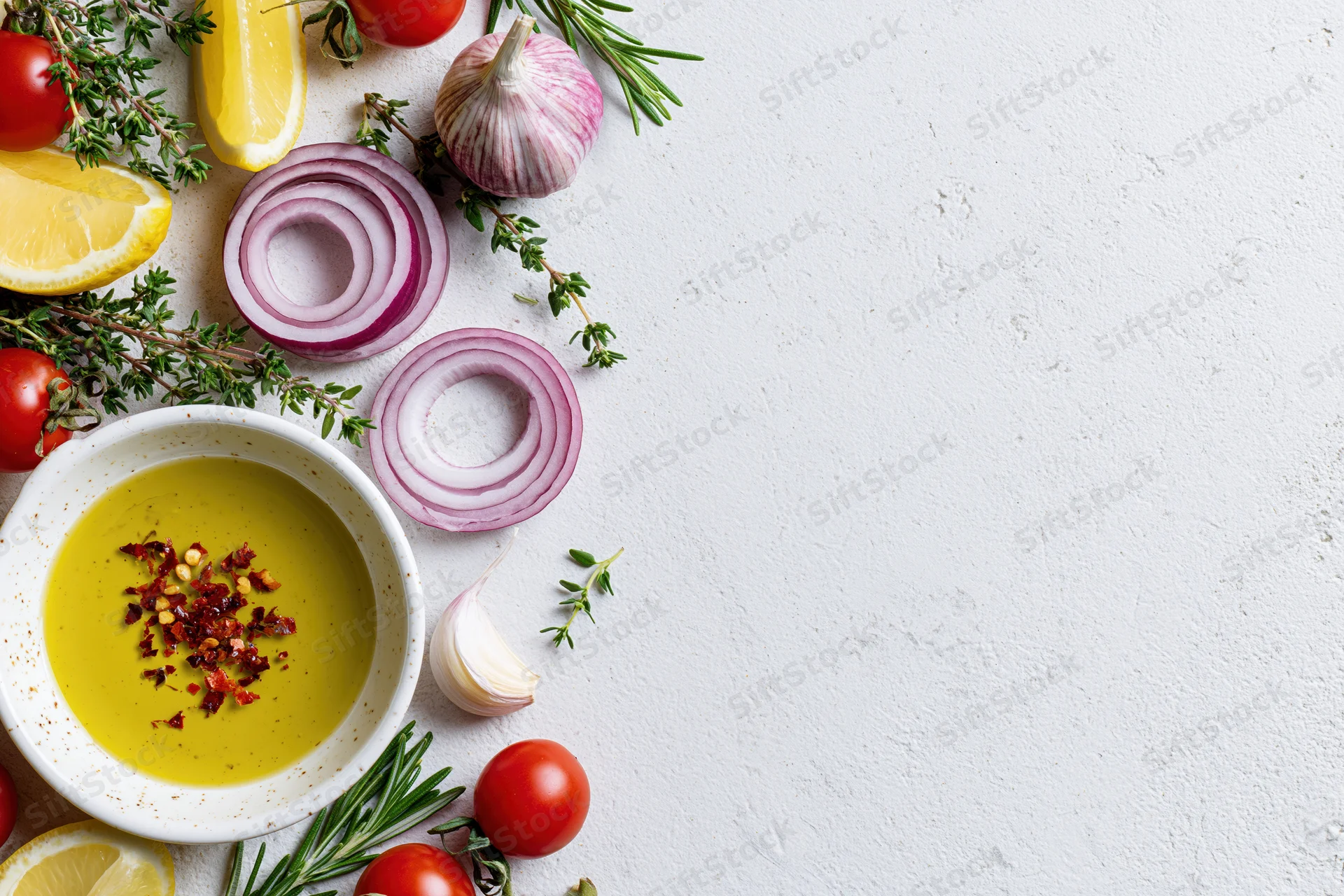 Fresh salad dressing ingredients arranged along the left side of a white surface with copyspace on the right