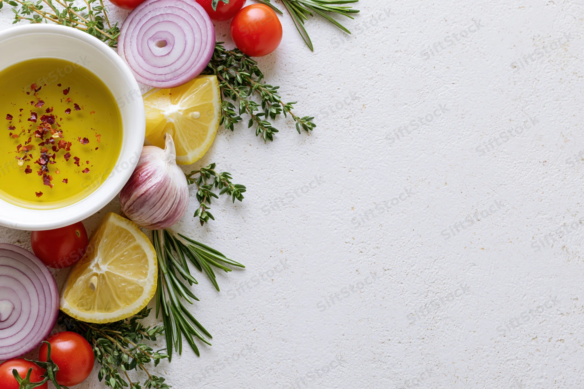 Fresh salad dressing ingredients arranged along the left side of a white textured surface with copyspace on the right
