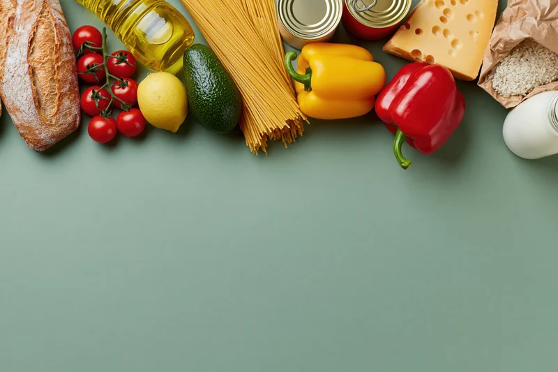 Grocery staples arranged along the top edge of a green surface with copyspace below