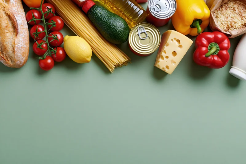 Grocery staples arranged along the top edge of a green surface with copyspace