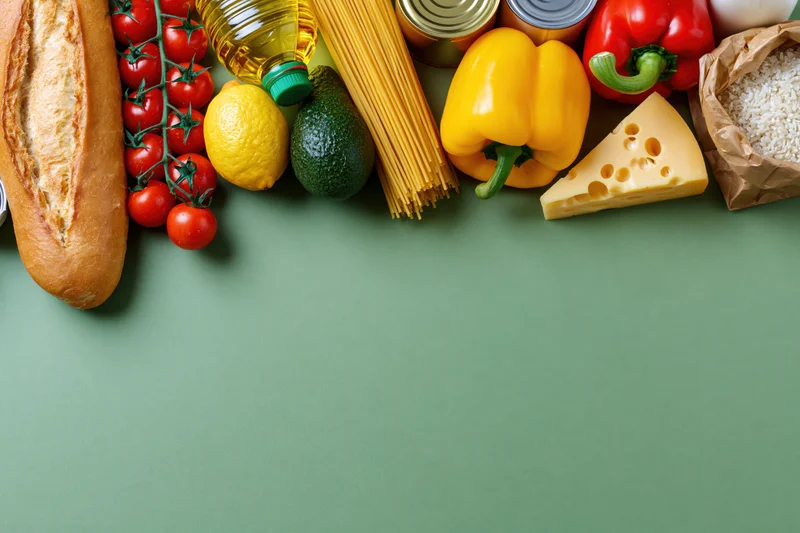 Grocery staples arranged along the top edge of a green surface with copyspace below