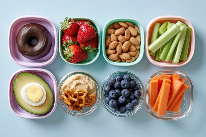 Nine small food containers arranged in grid with various snacks and healthy foods on light blue surface