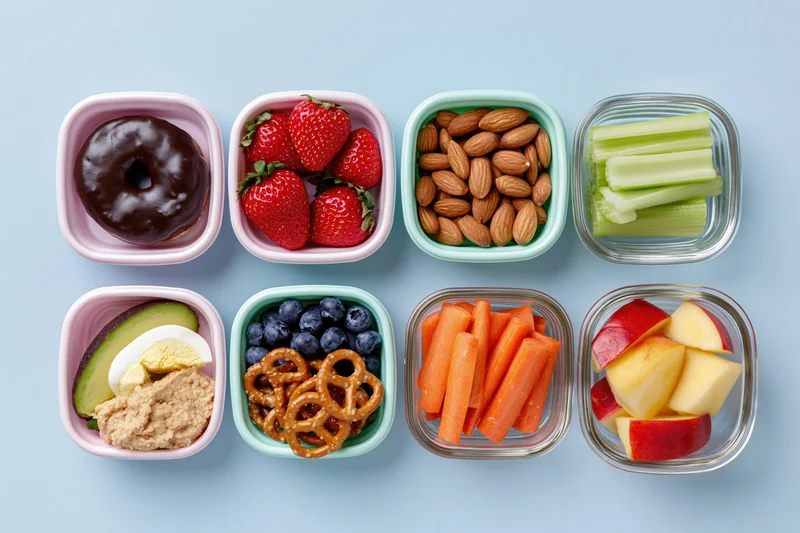 Nine small food containers arranged in grid with snacks and fruits on blue background