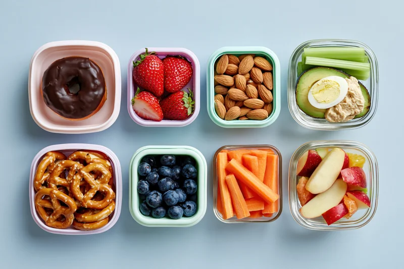 Nine small food containers arranged in grid with snacks and fruits on blue background