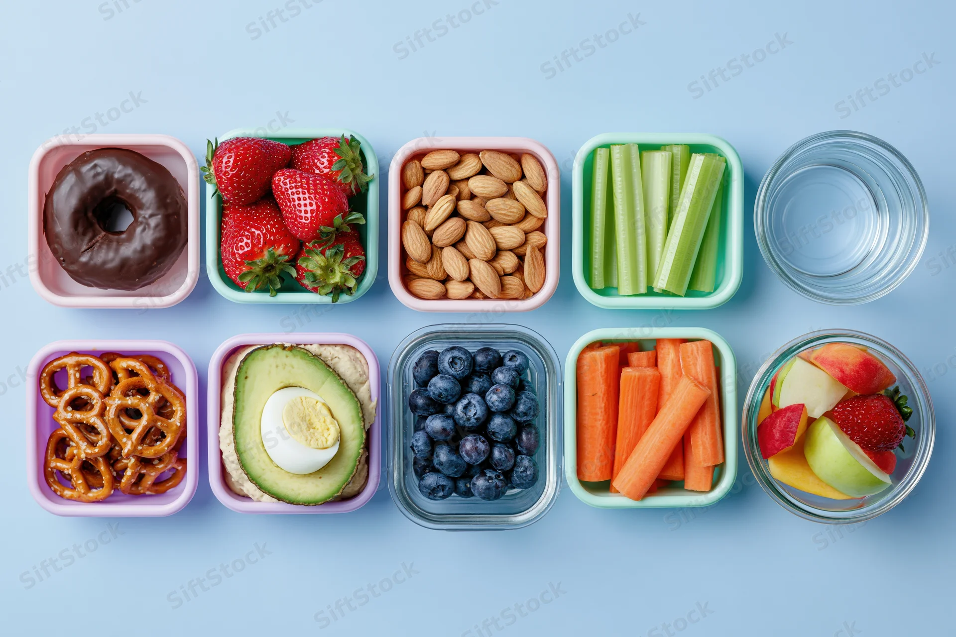 Nine small food containers arranged in rows with snacks and fruits on a blue background