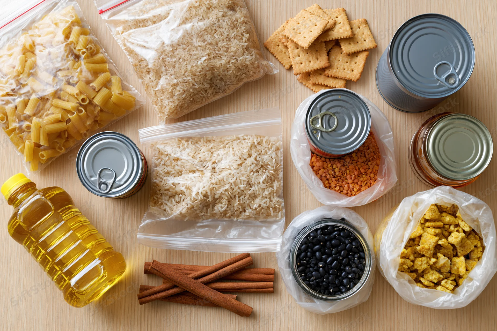 Pantry staples and emergency food supplies arranged on a wooden surface