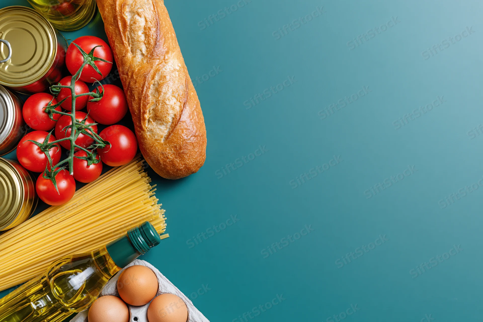 Pantry staples arranged along left edge on teal surface with copyspace