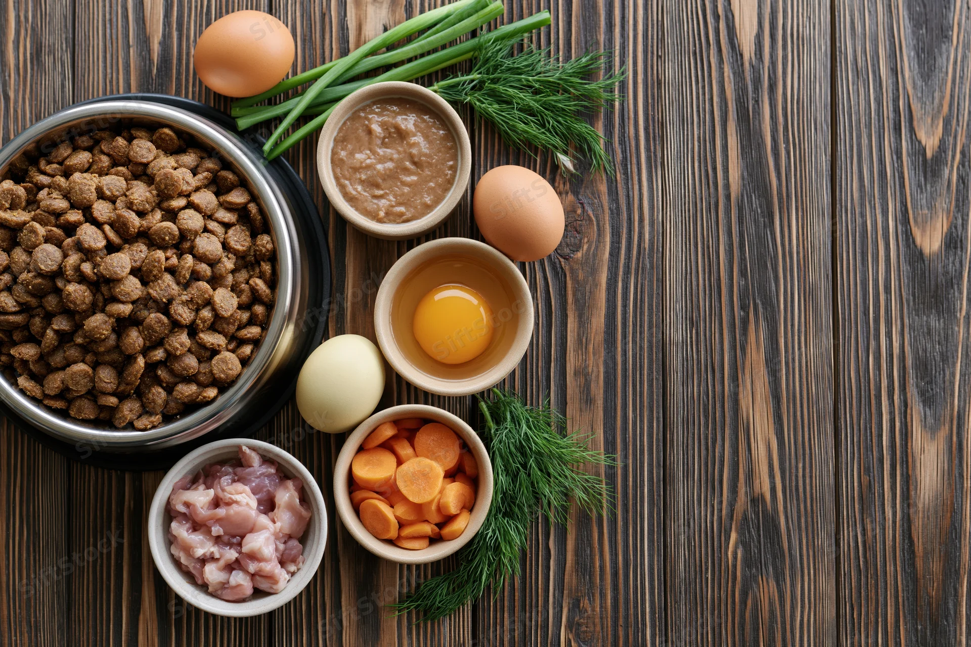 Pet food ingredients arranged on dark wooden table in flat lay overhead view