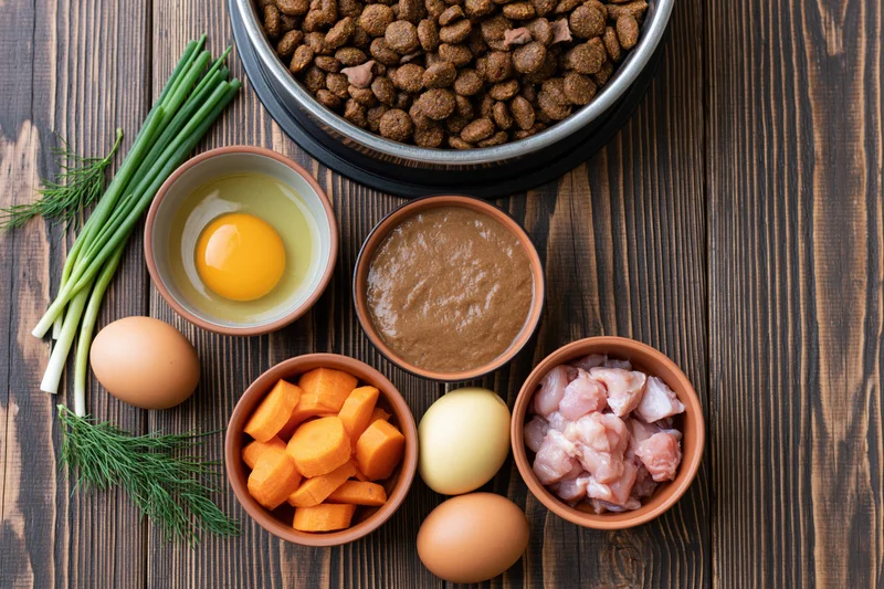 Pet food ingredients arranged on dark wooden table in flat lay view