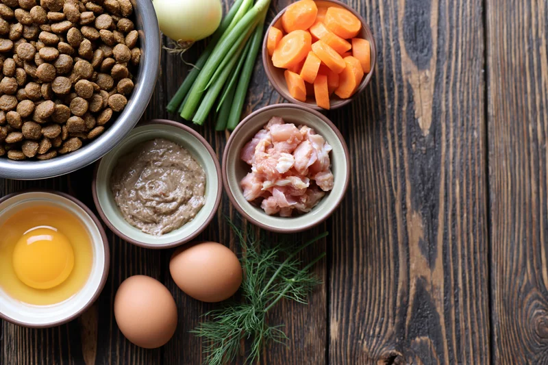 Pet food ingredients arranged on dark wooden table in flat lay top view