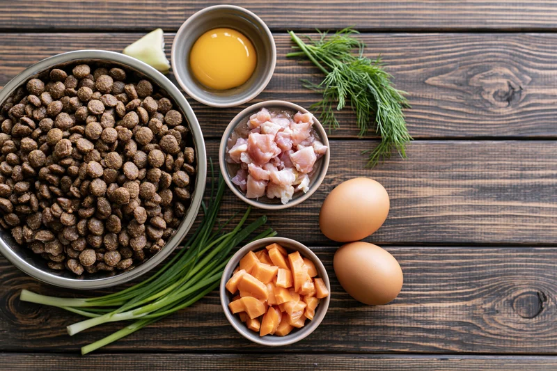 Pet food ingredients arranged on dark wooden table in flat lay overhead view