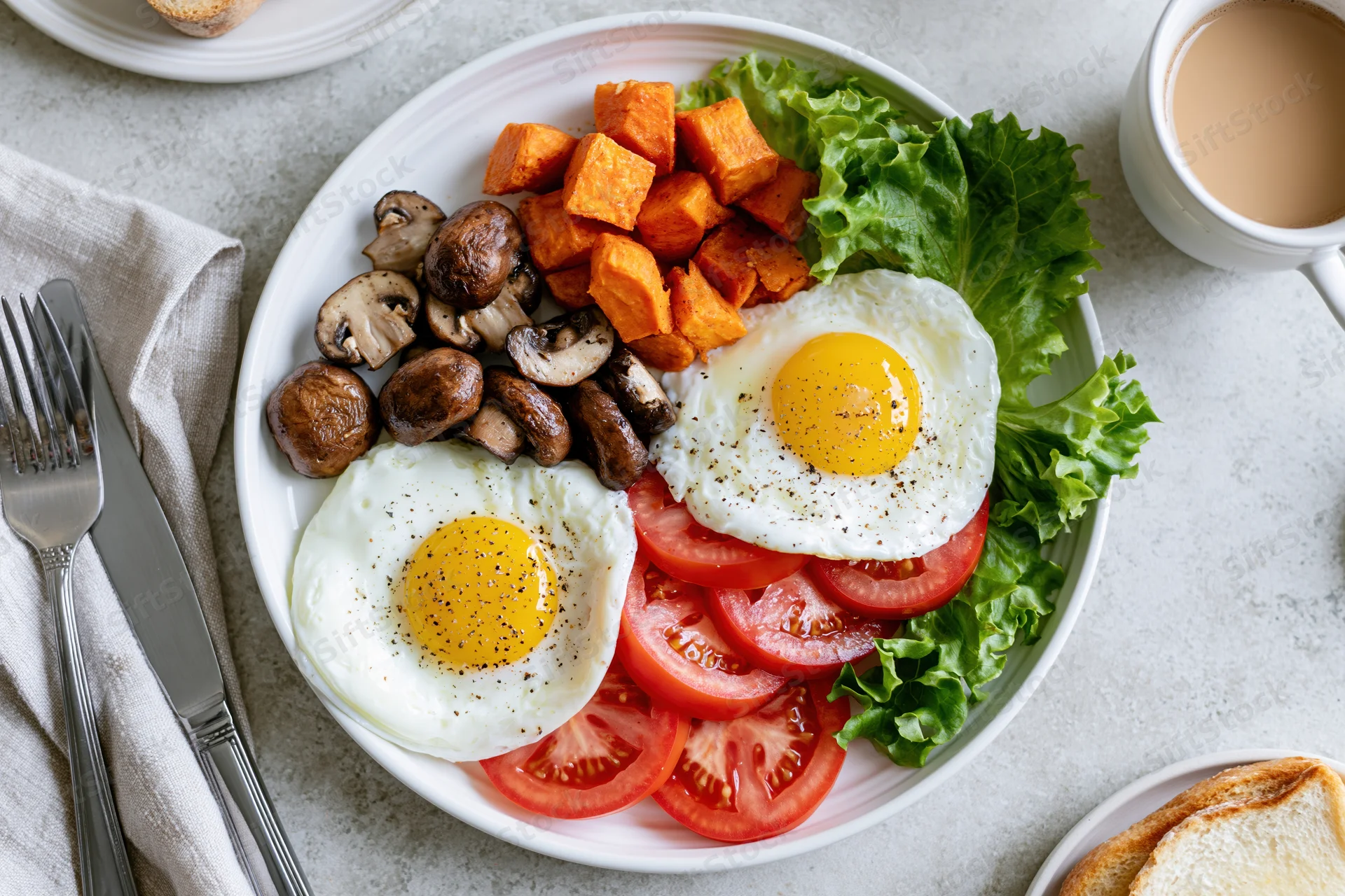 Two fried eggs with tomatoes, mushrooms, sweet potato and lettuce on a white plate with toast and coffee nearby