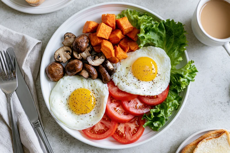 Two fried eggs with tomatoes, mushrooms, sweet potato and lettuce on a white plate with toast and coffee nearby