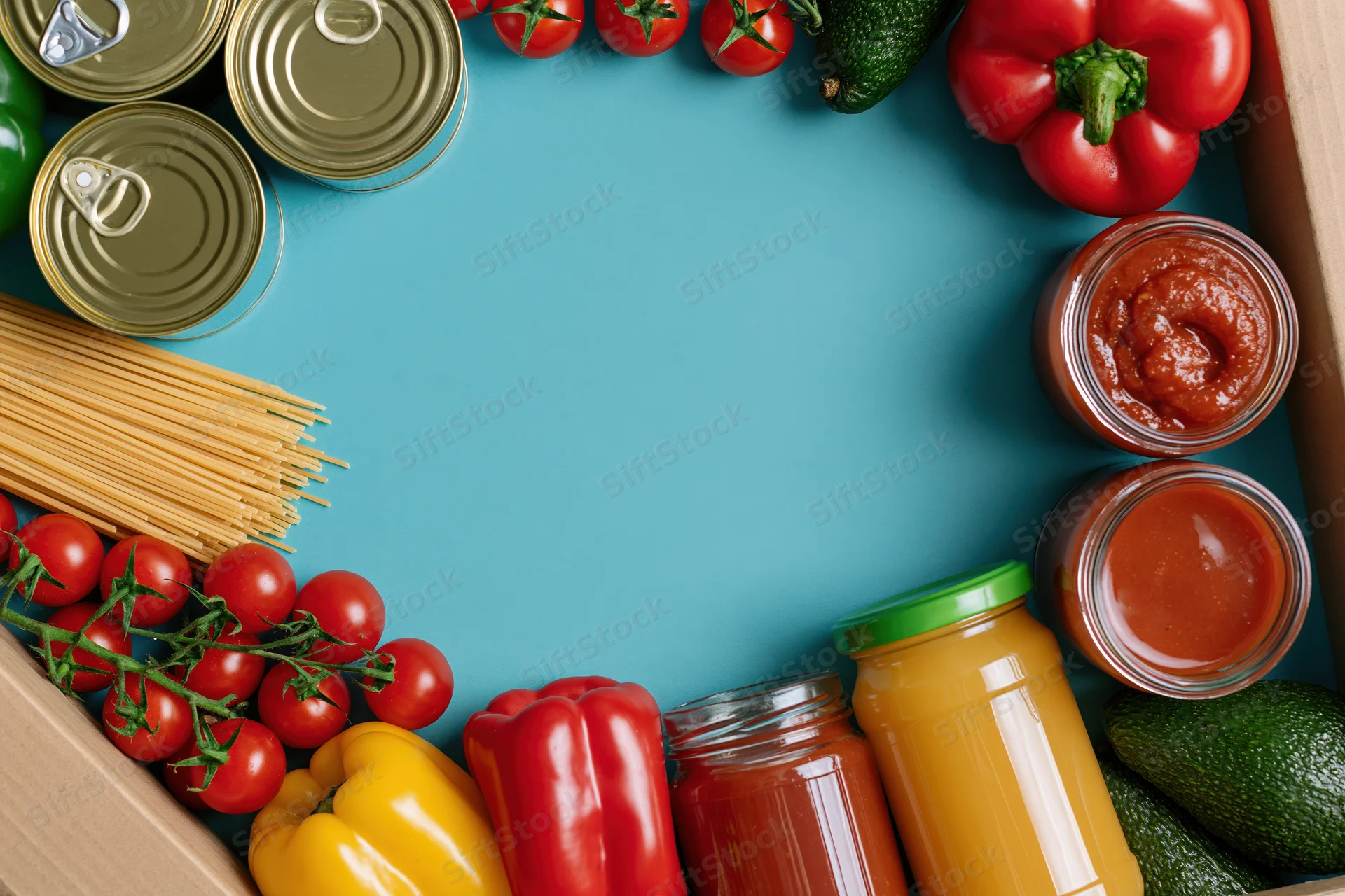 Assorted groceries arranged in a frame around a blue surface with copyspace in center