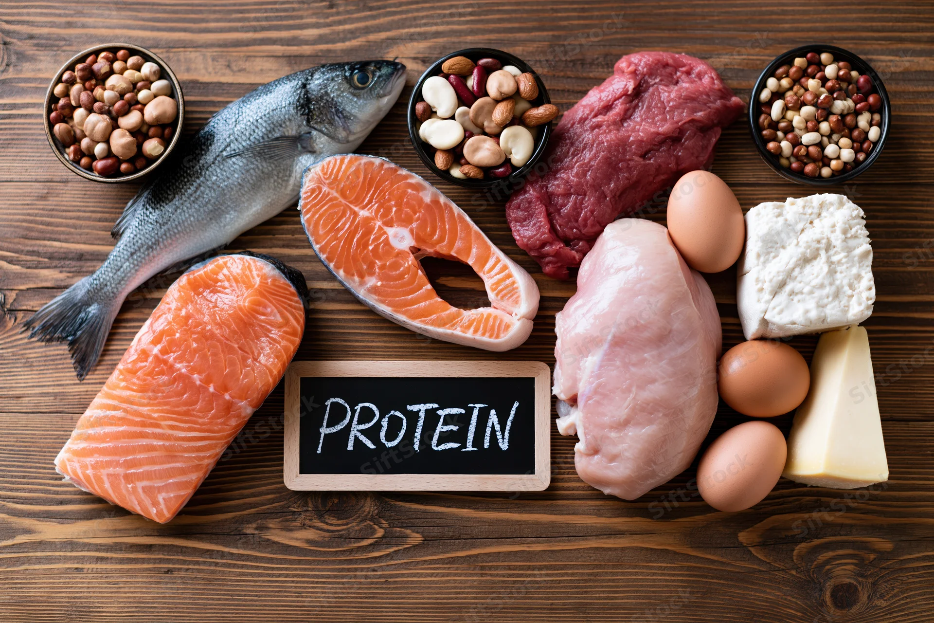 Assorted high-protein foods arranged on wooden table with chalkboard sign reading protein