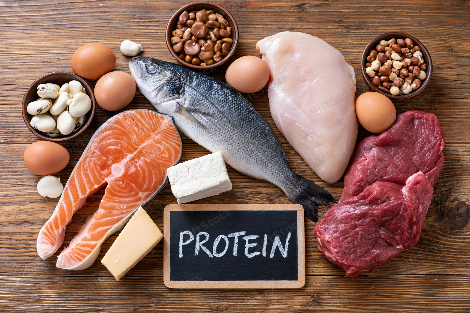 Assorted high-protein foods arranged on wooden table with chalkboard sign reading protein