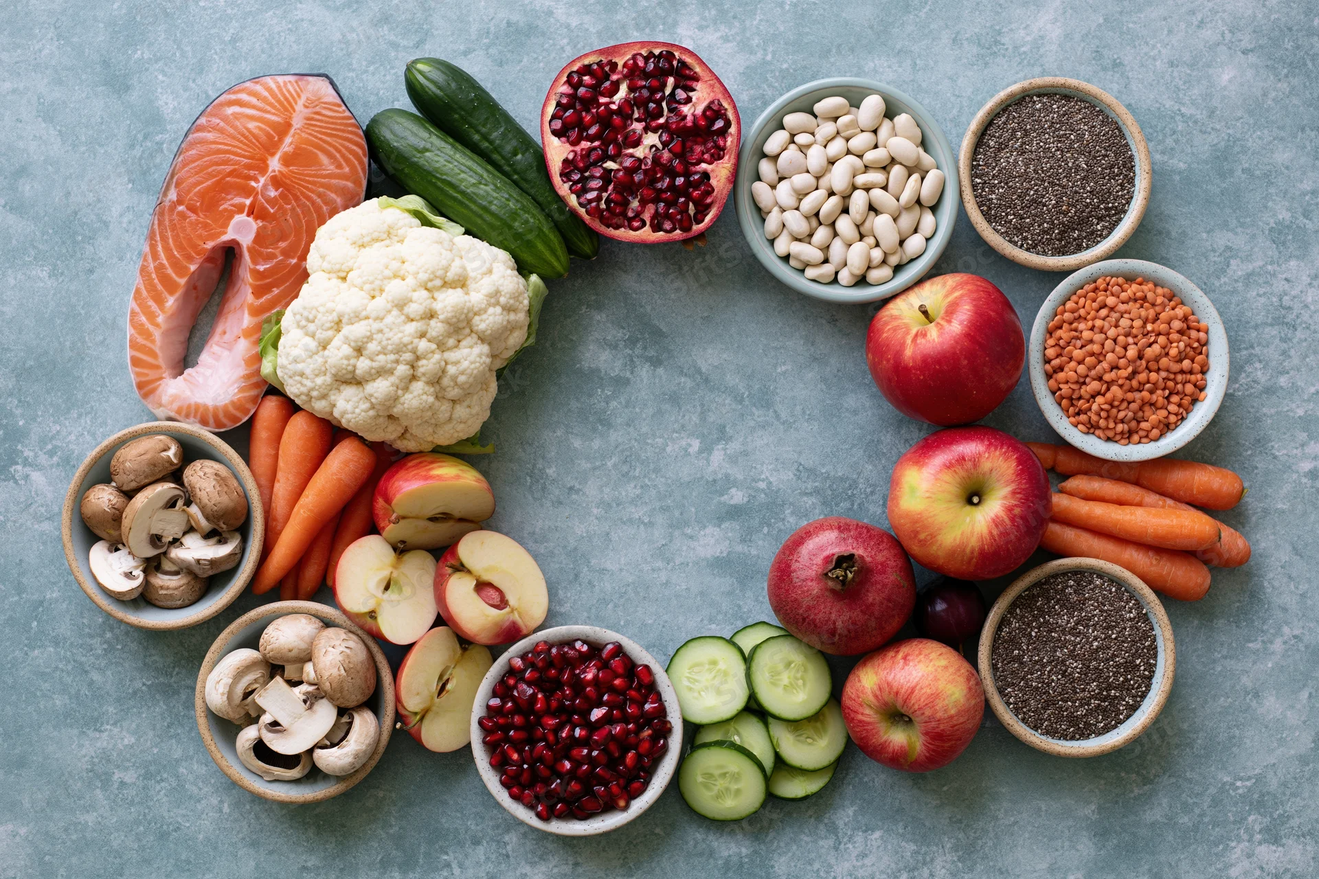 Assorted whole foods arranged in a heart shape on a gray surface