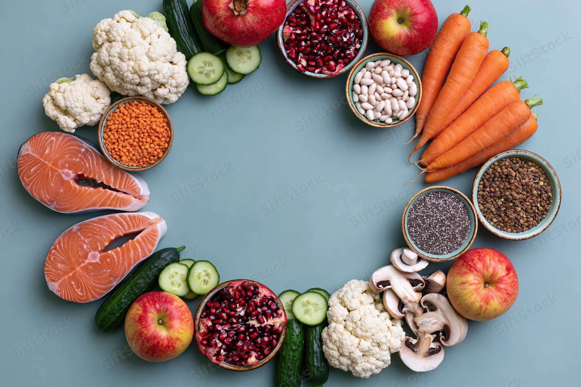 Assorted whole foods arranged in a circular pattern on a blue surface