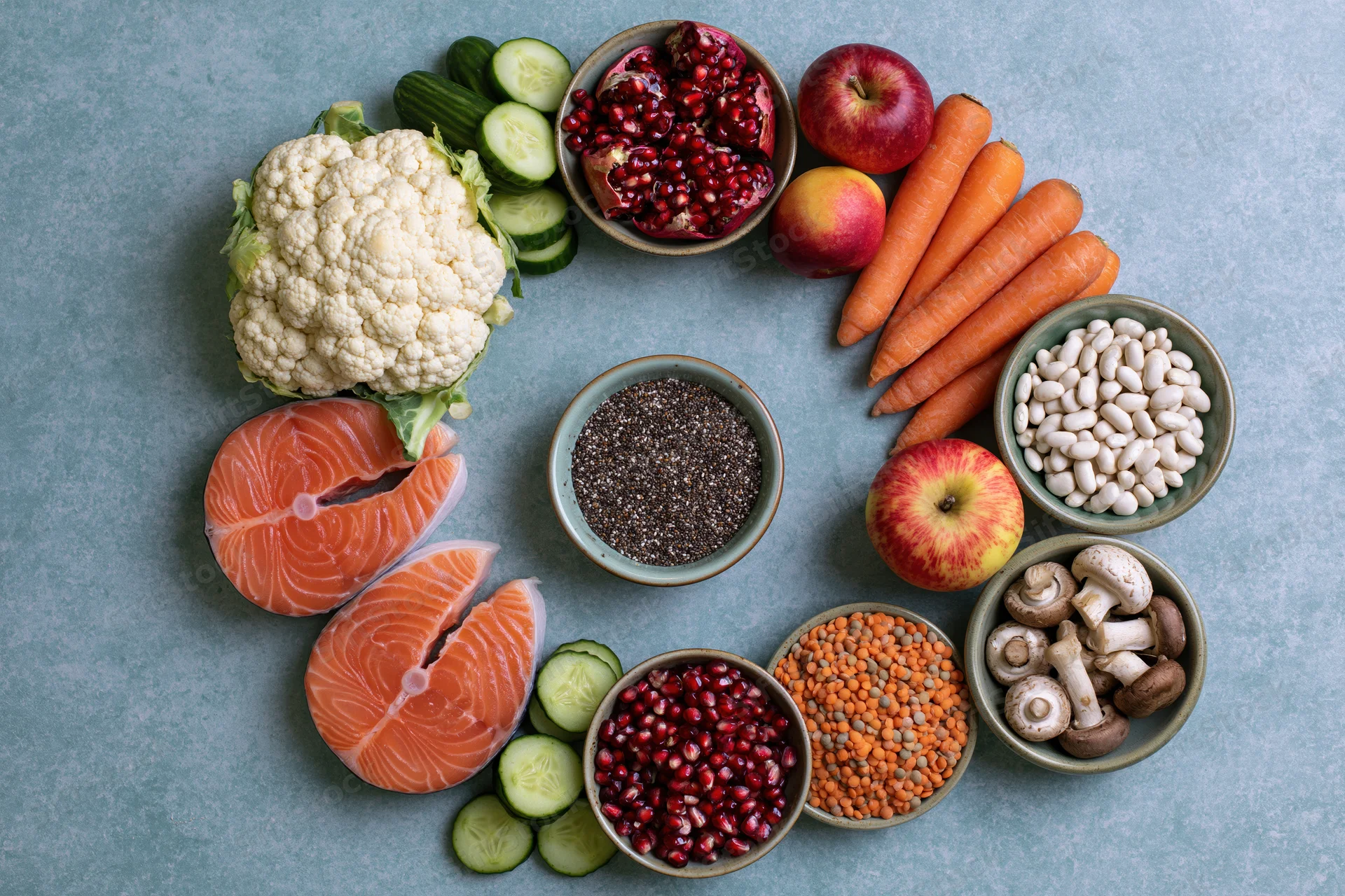 Assorted whole foods arranged in a circular pattern on a textured blue surface