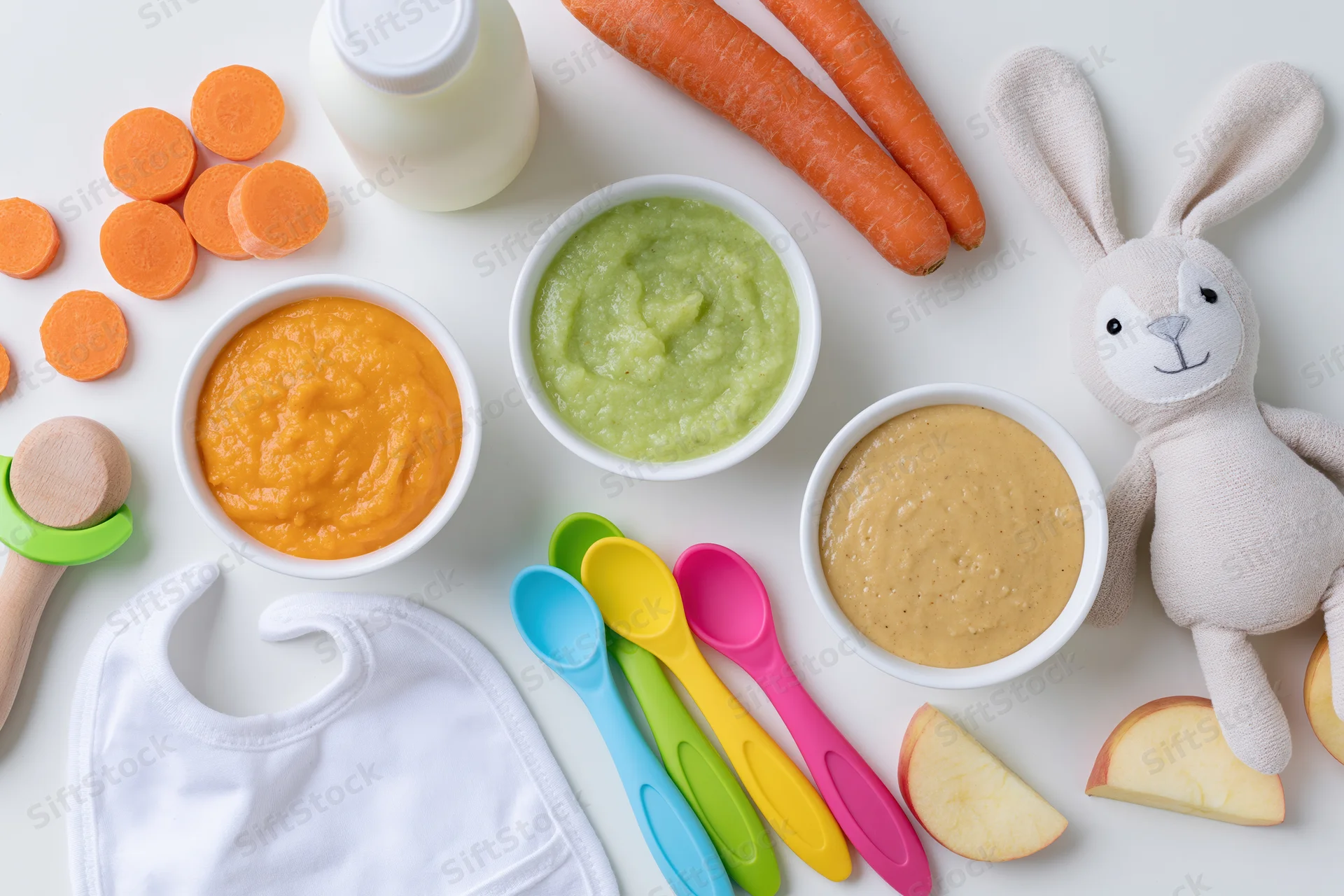 Baby feeding items arranged on white surface with purees, vegetables, spoons, bib and plush rabbit