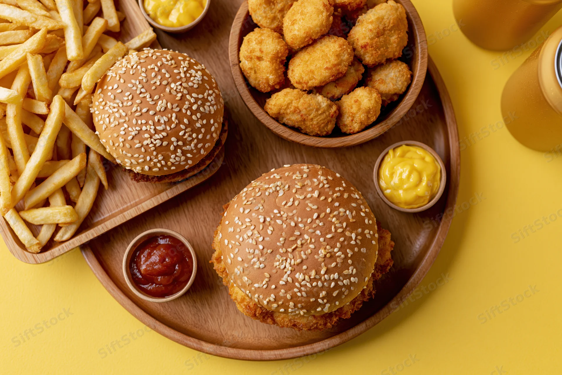 Overhead view of burgers, fries, chicken nuggets and condiments arranged on wooden trays on a yellow surface